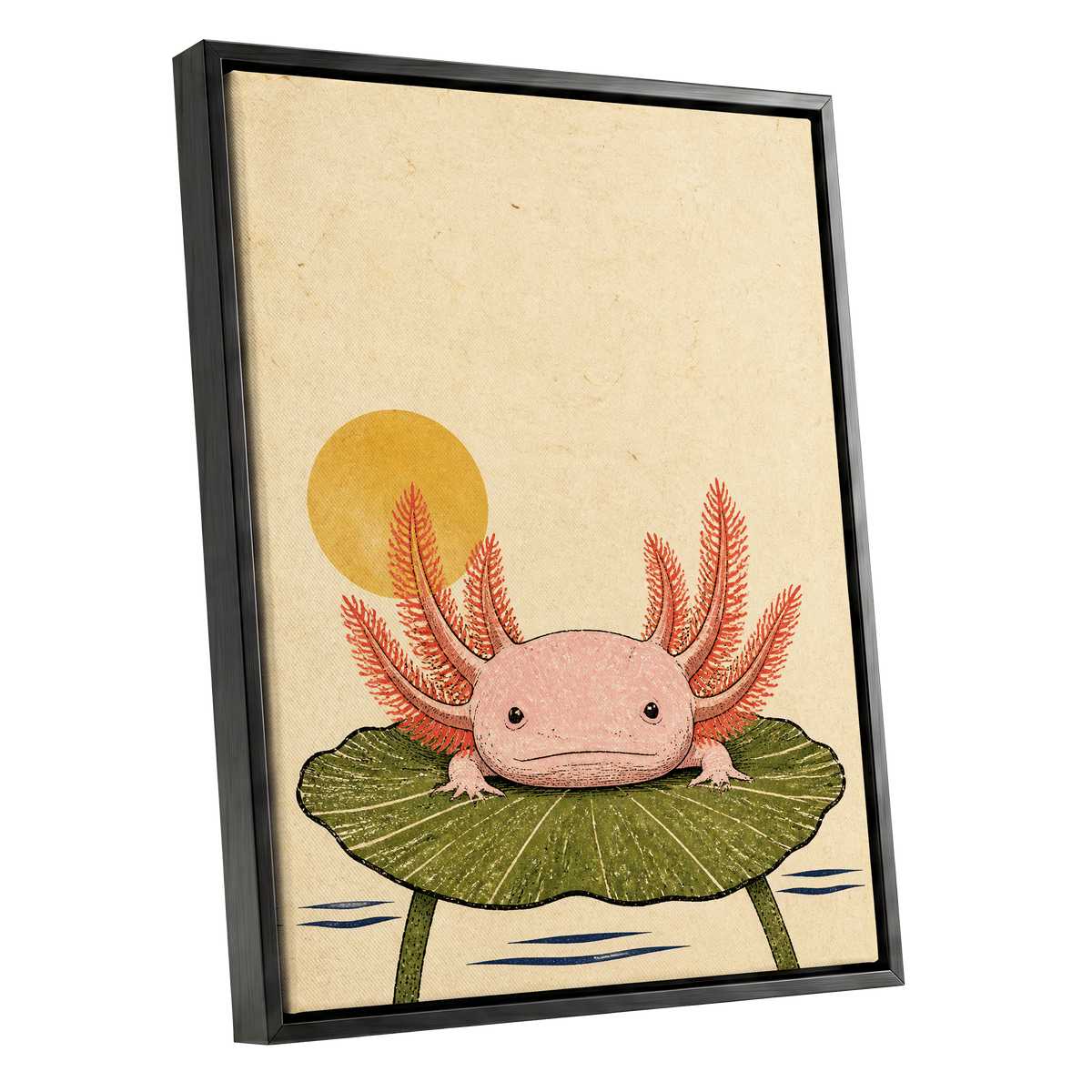 Axolotl Sunbath, beige, pink, green nature wall art shown as a black framed canvas wall art