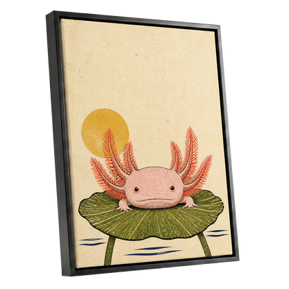 Axolotl Sunbath, beige, pink, green nature wall art shown as a black framed canvas wall art
