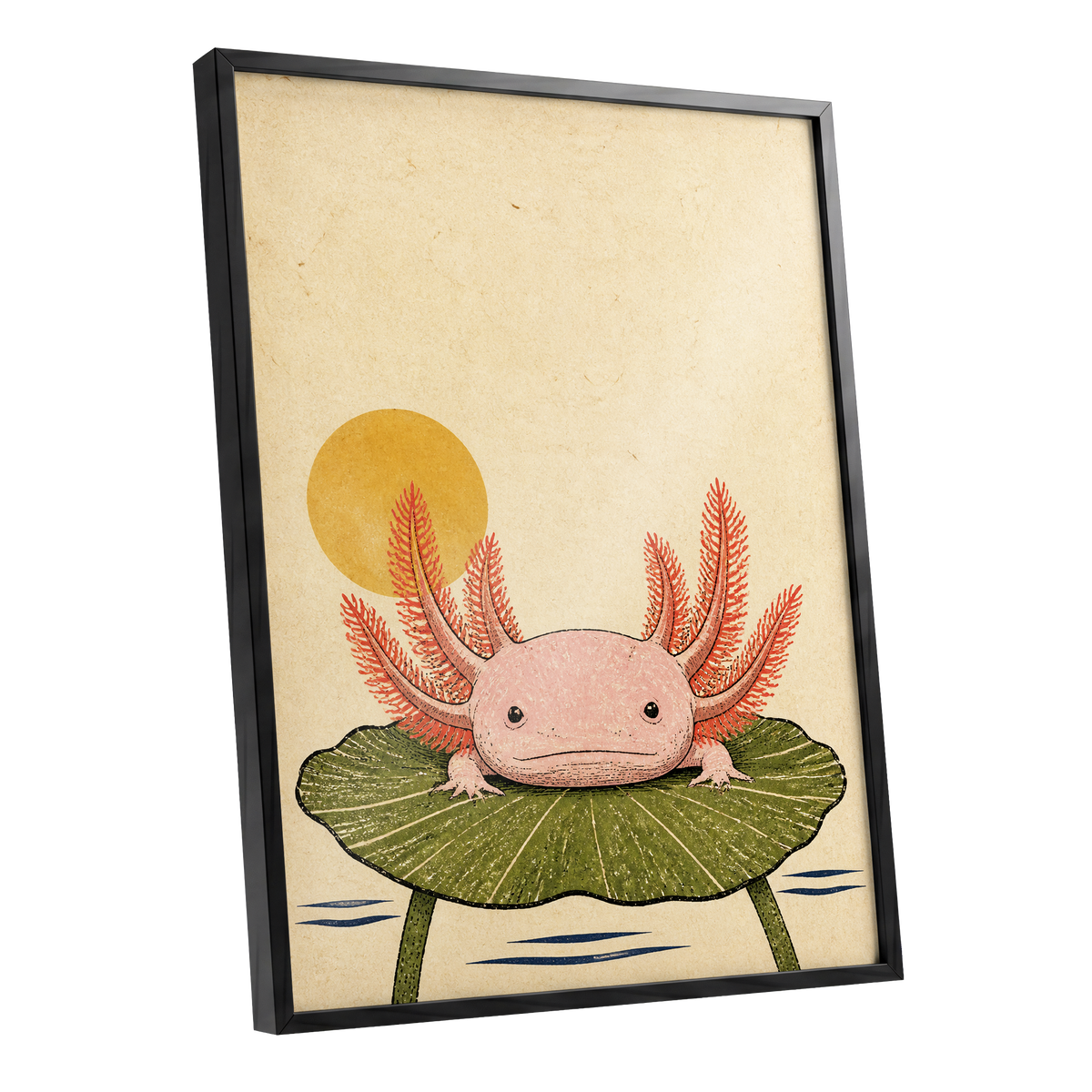 Axolotl Sunbath, beige, pink, green nature wall art shown as a black framed poster wall art print