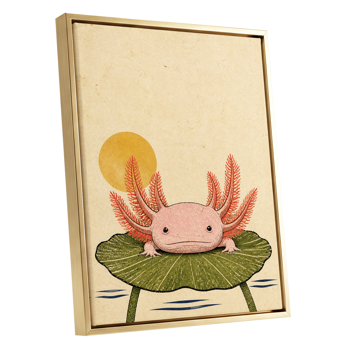 Axolotl Sunbath, beige, pink, green nature wall art shown as a gold framed canvas wall art