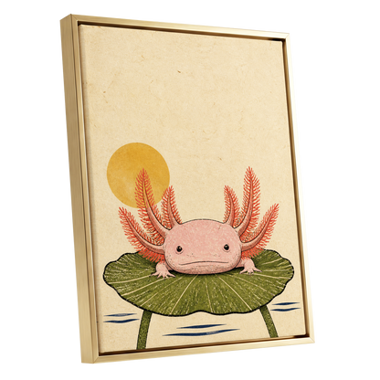 Axolotl Sunbath, beige, pink, green nature wall art shown as a gold framed canvas wall art