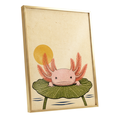 Axolotl Sunbath, beige, pink, green nature wall art shown as a gold framed poster wall art print