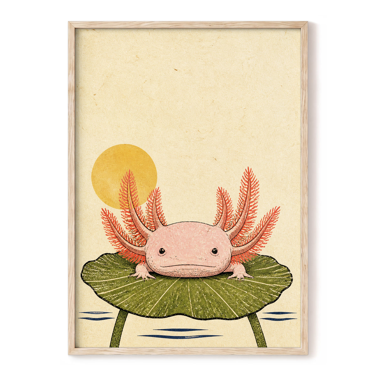 Axolotl Sunbath, beige, pink, green nature wall art, front artwork view
