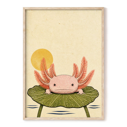 Axolotl Sunbath, beige, pink, green nature wall art, front artwork view