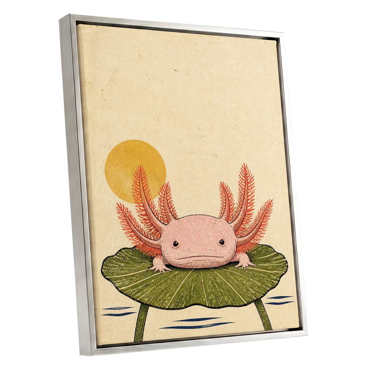 Axolotl Sunbath, beige, pink, green nature wall art shown as a silver framed canvas wall art