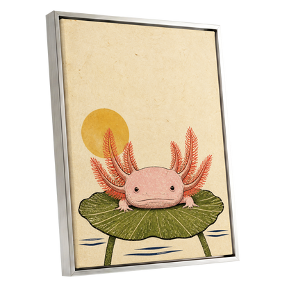 Axolotl Sunbath, beige, pink, green nature wall art shown as a silver framed canvas wall art