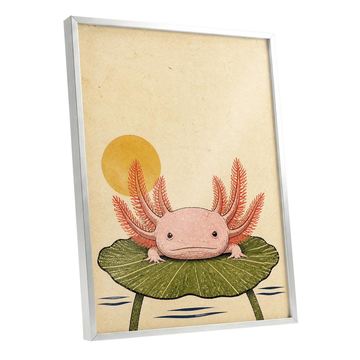 Axolotl Sunbath, beige, pink, green nature wall art shown as a silver framed poster wall art print