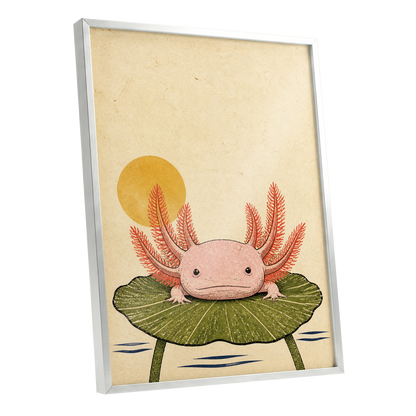 Axolotl Sunbath, beige, pink, green nature wall art shown as a silver framed poster wall art print