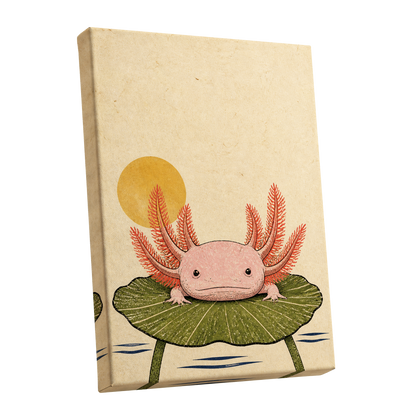 Axolotl Sunbath, beige, pink, green nature wall art shown as a stretched canvas wall art