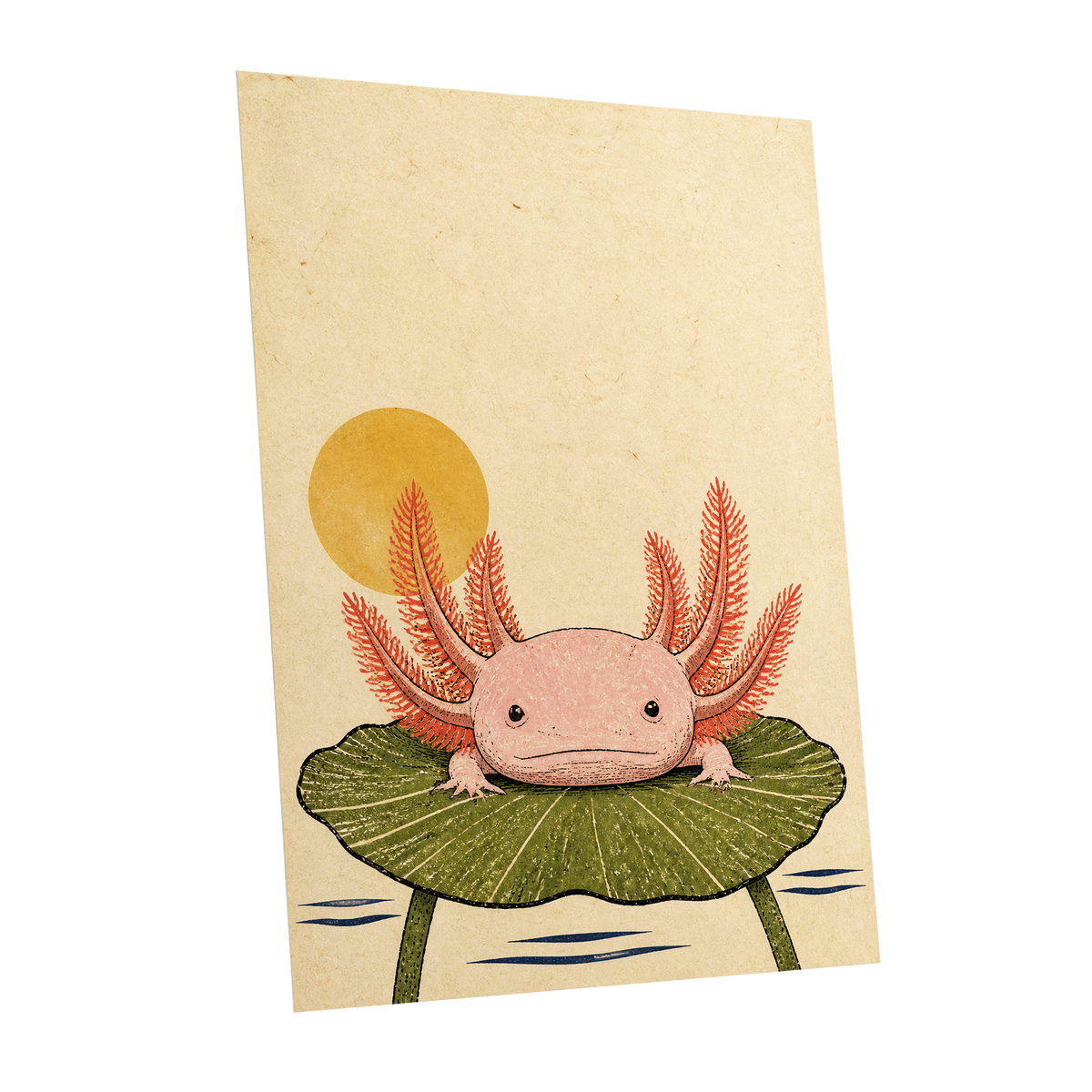 Axolotl Sunbath, beige, pink, green nature wall art shown as a unframed poster wall art print
