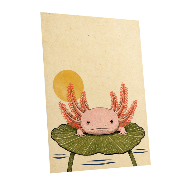 Axolotl Sunbath, beige, pink, green nature wall art shown as a unframed poster wall art print