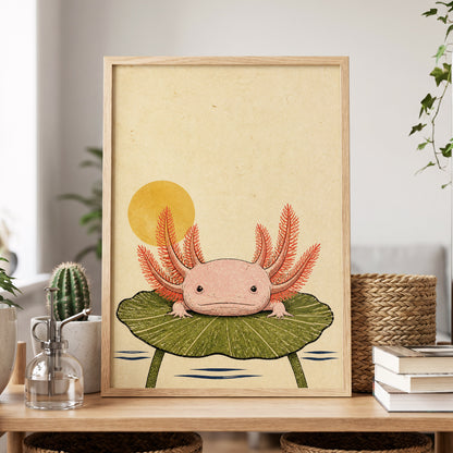 Axolotl Sunbath, beige, pink, green nature wall art displayed in a styled interior, gallery view 2