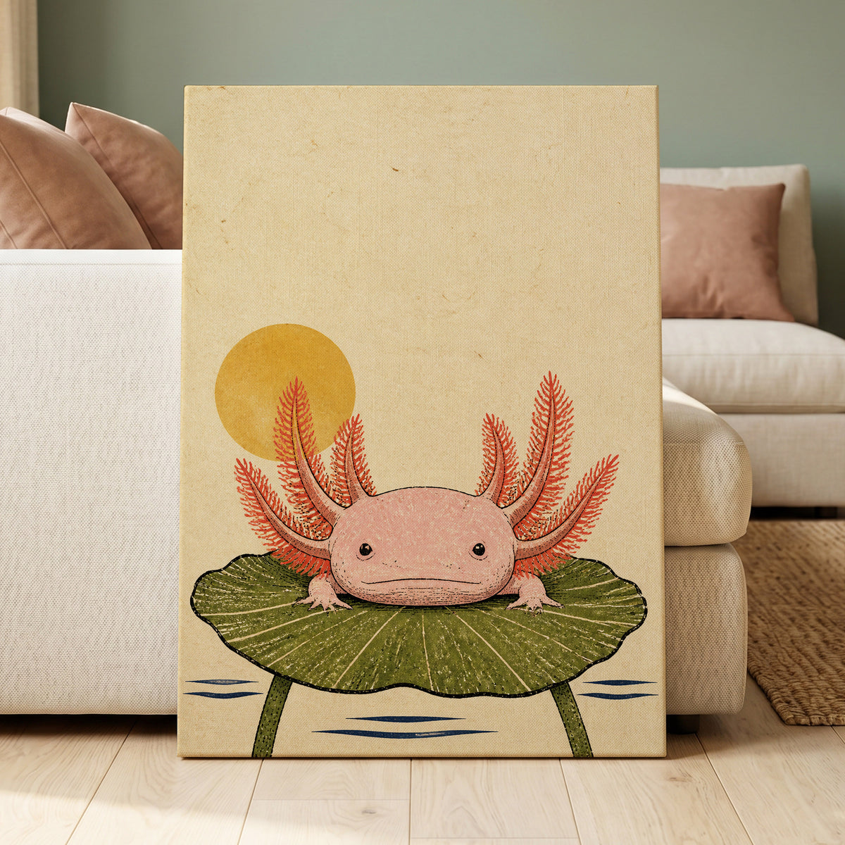 Axolotl Sunbath, beige, pink, green nature wall art displayed in a styled interior, gallery view 3