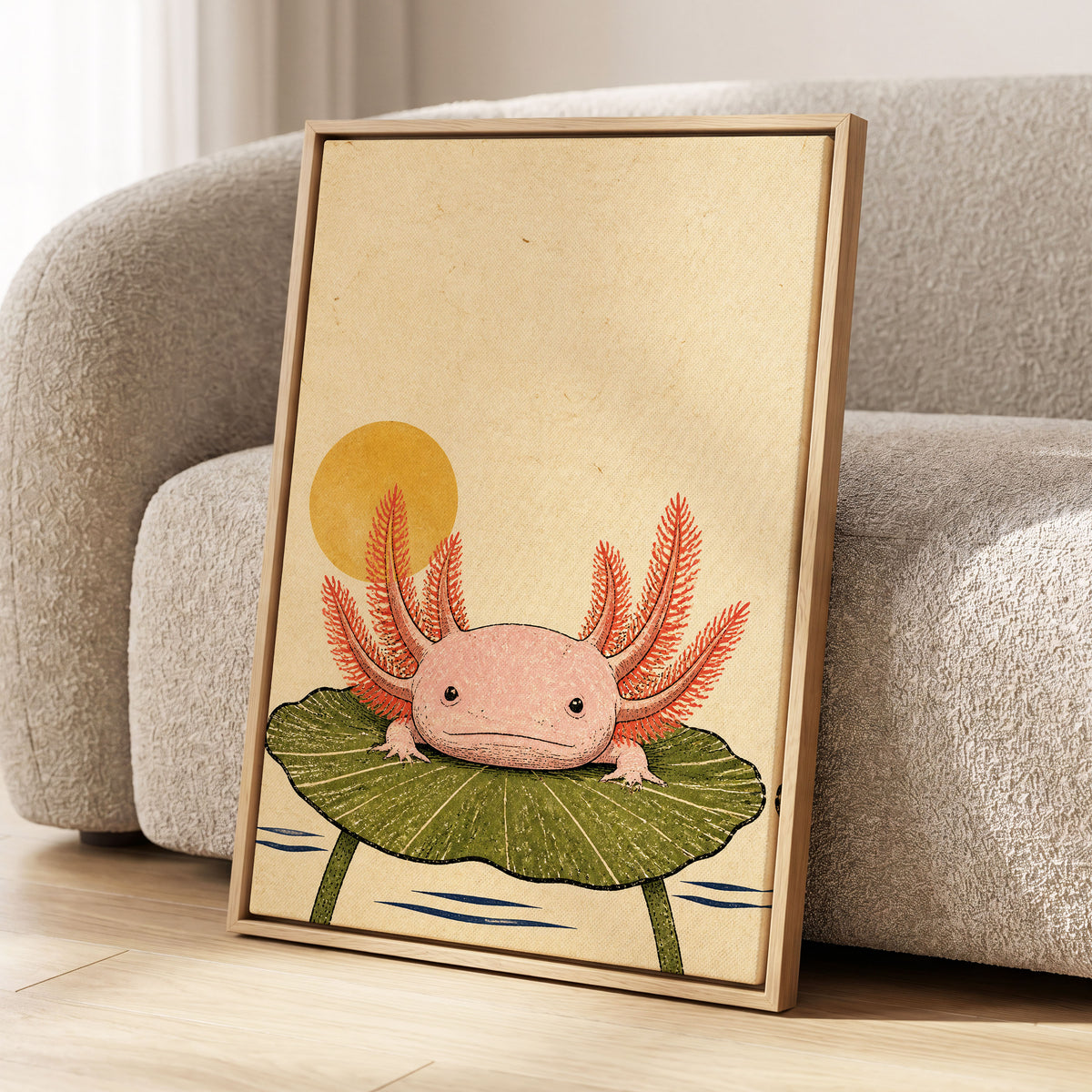 Axolotl Sunbath, beige, pink, green nature wall art displayed in a styled interior, gallery view 4