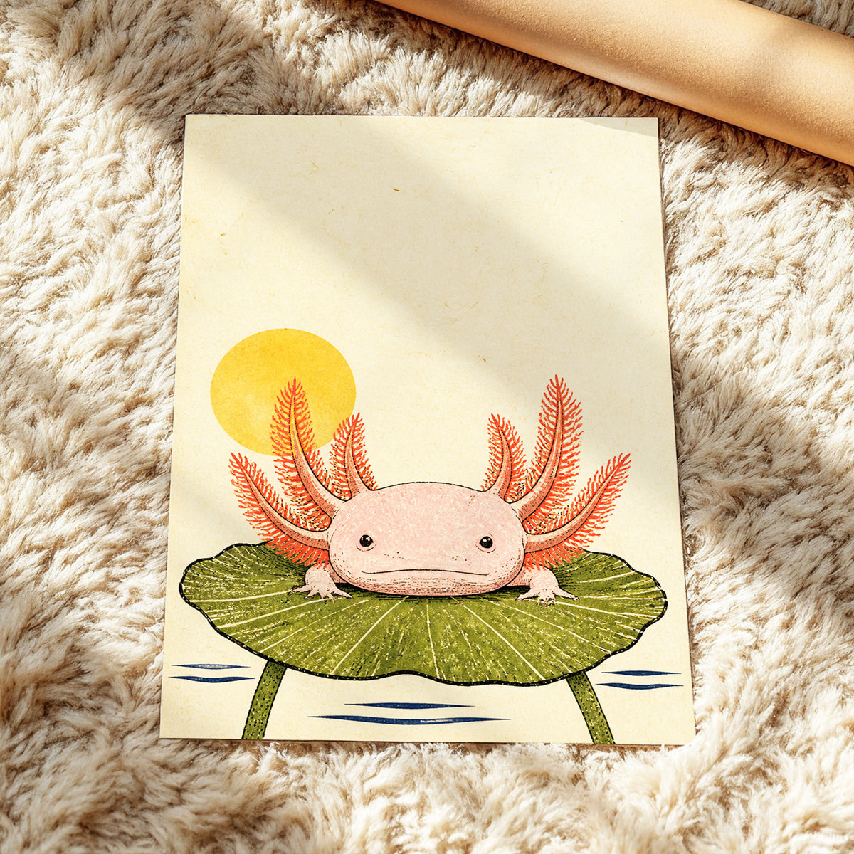 Axolotl Sunbath, beige, pink, green nature wall art displayed in a styled interior, gallery view 5