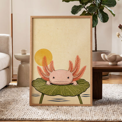 Axolotl Sunbath, beige, pink, green nature wall art displayed in a styled interior, gallery view 6