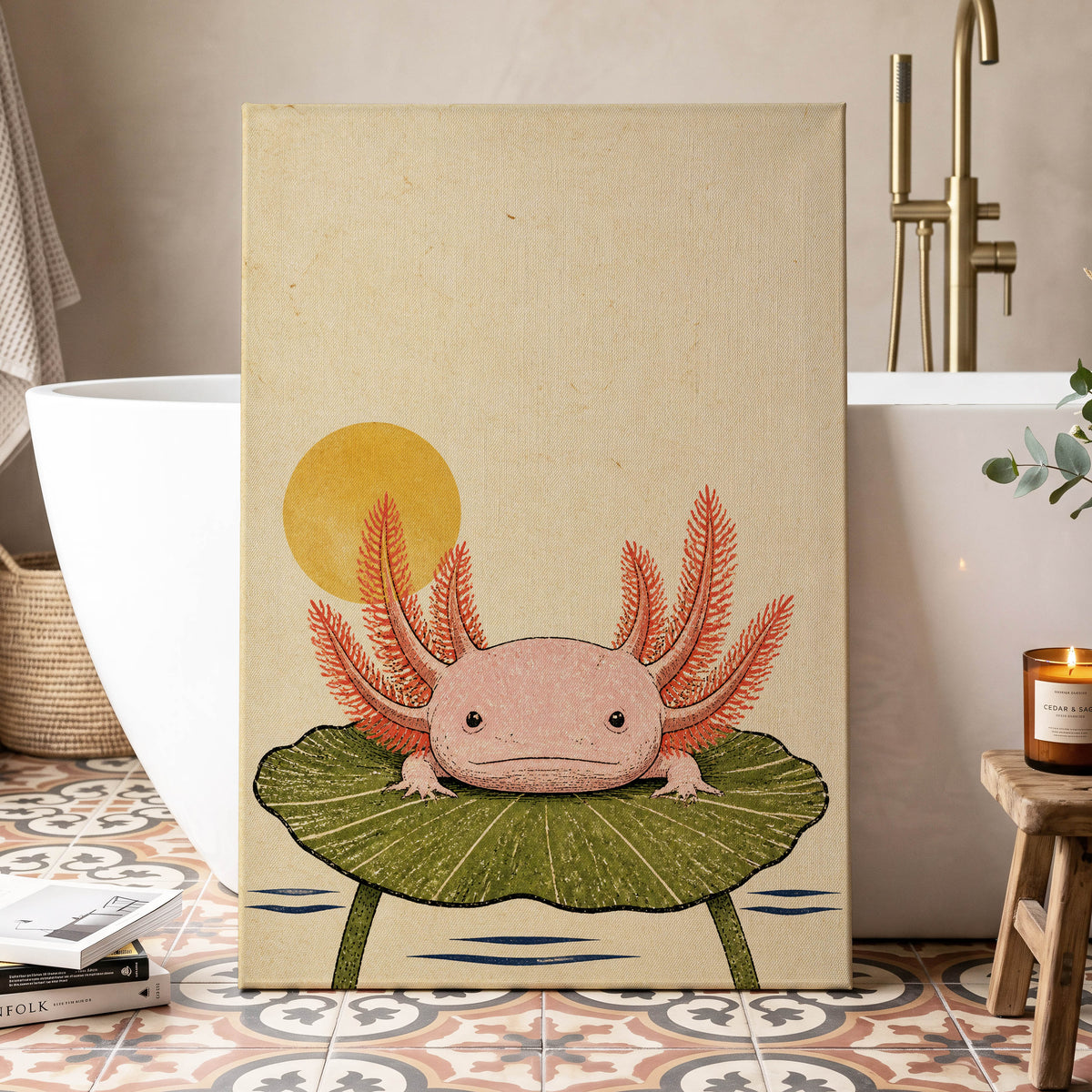 Axolotl Sunbath, beige, pink, green nature wall art displayed in a styled interior, gallery view 7