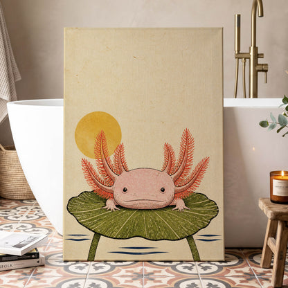 Axolotl Sunbath, beige, pink, green nature wall art displayed in a styled interior, gallery view 7