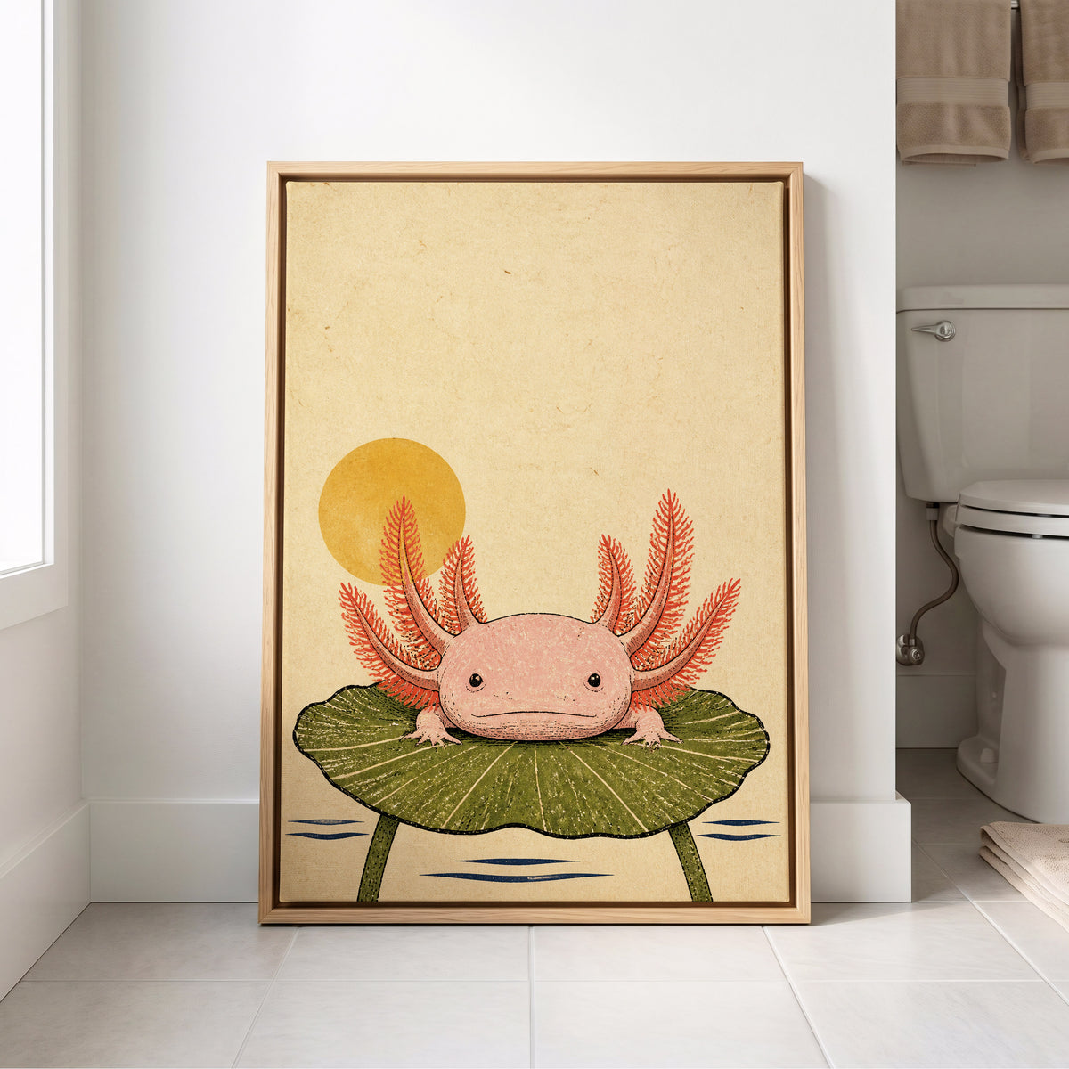 Axolotl Sunbath, beige, pink, green nature wall art displayed in a styled interior, gallery view 8