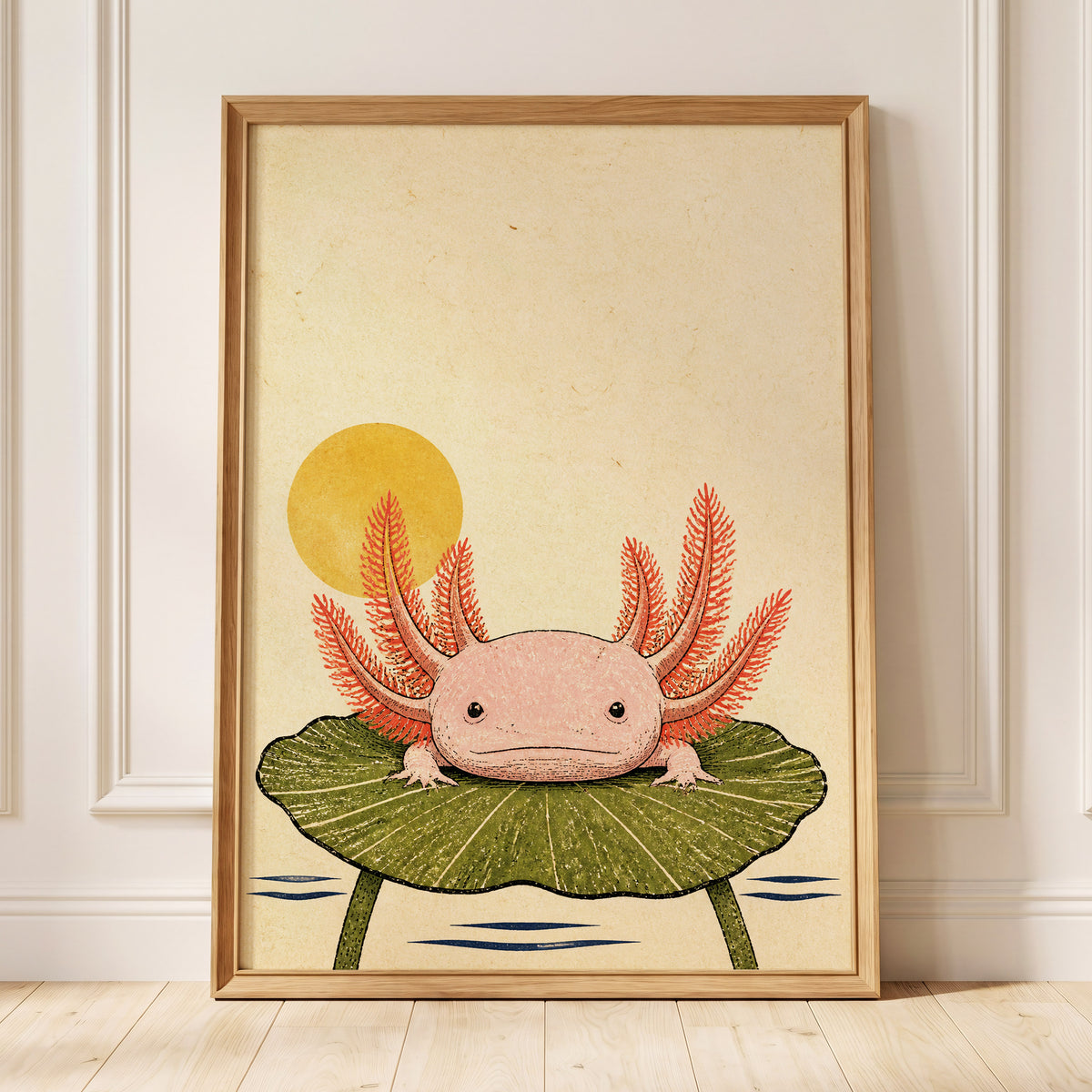 Axolotl Sunbath, beige, pink, green nature wall art displayed in a styled interior, gallery view 9