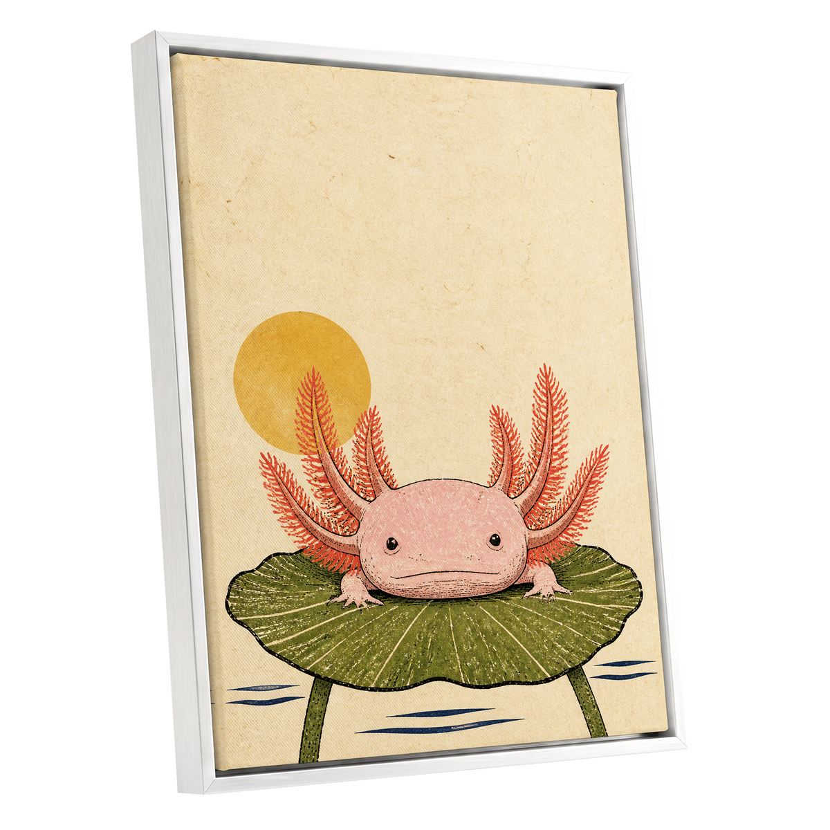 Axolotl Sunbath, beige, pink, green nature wall art shown as a white framed canvas wall art