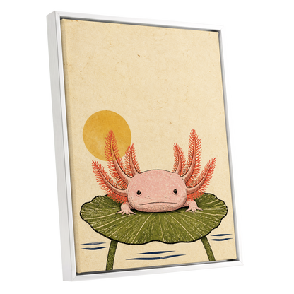 Axolotl Sunbath, beige, pink, green nature wall art shown as a white framed canvas wall art