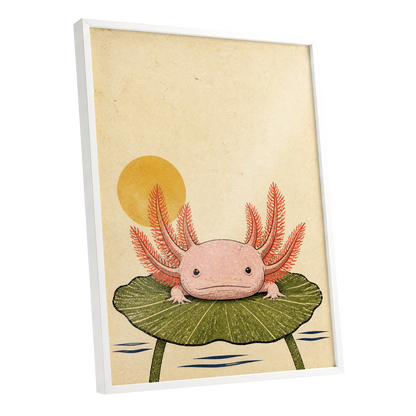 Axolotl Sunbath, beige, pink, green nature wall art shown as a white framed poster wall art print