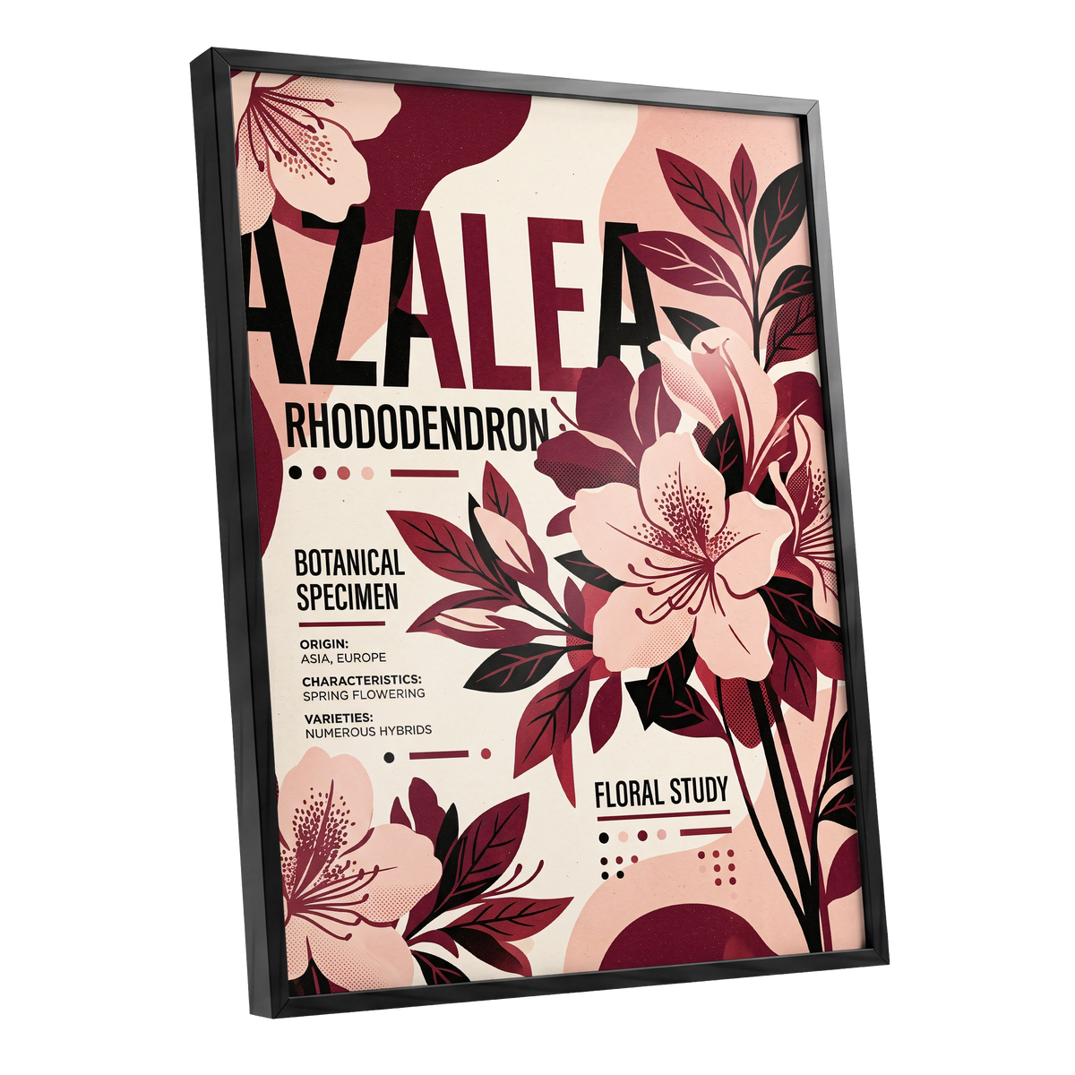 Azalea Archive, pink, red, beige floral wall art shown as a black framed poster wall art print