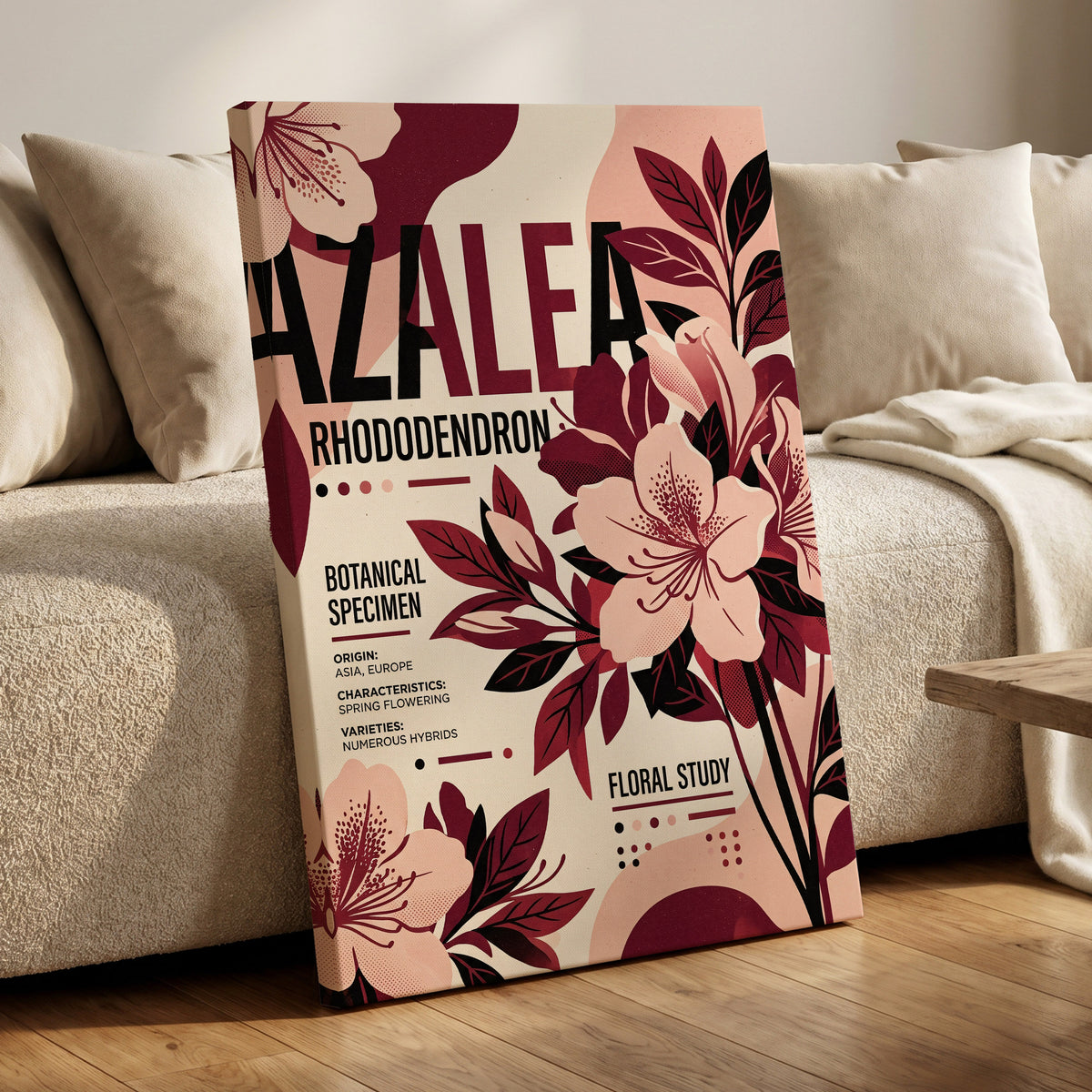 Azalea Archive, pink, red, beige floral wall art on canvas displayed in a styled interior, gallery view 1