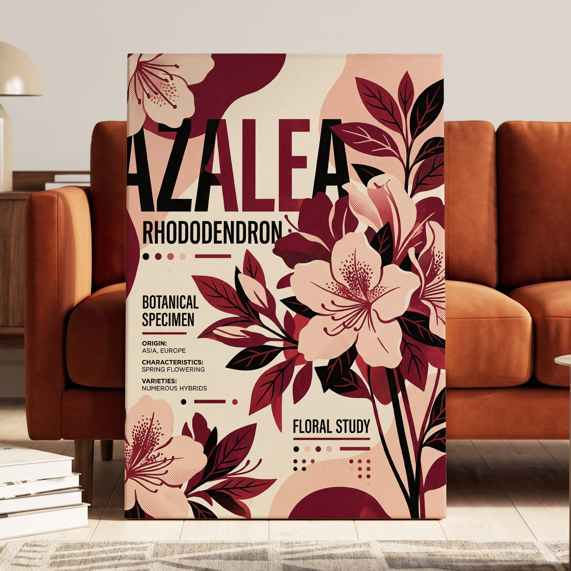 Azalea Archive, pink, red, beige floral wall art on canvas displayed in a styled interior, gallery view 2