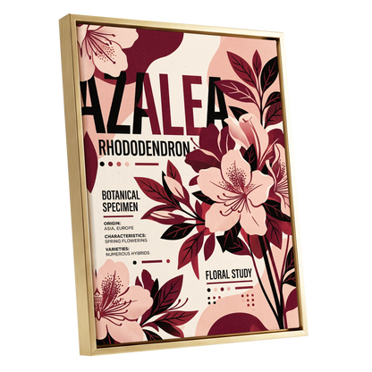 Azalea Archive, pink, red, beige floral wall art shown as a gold framed canvas wall art