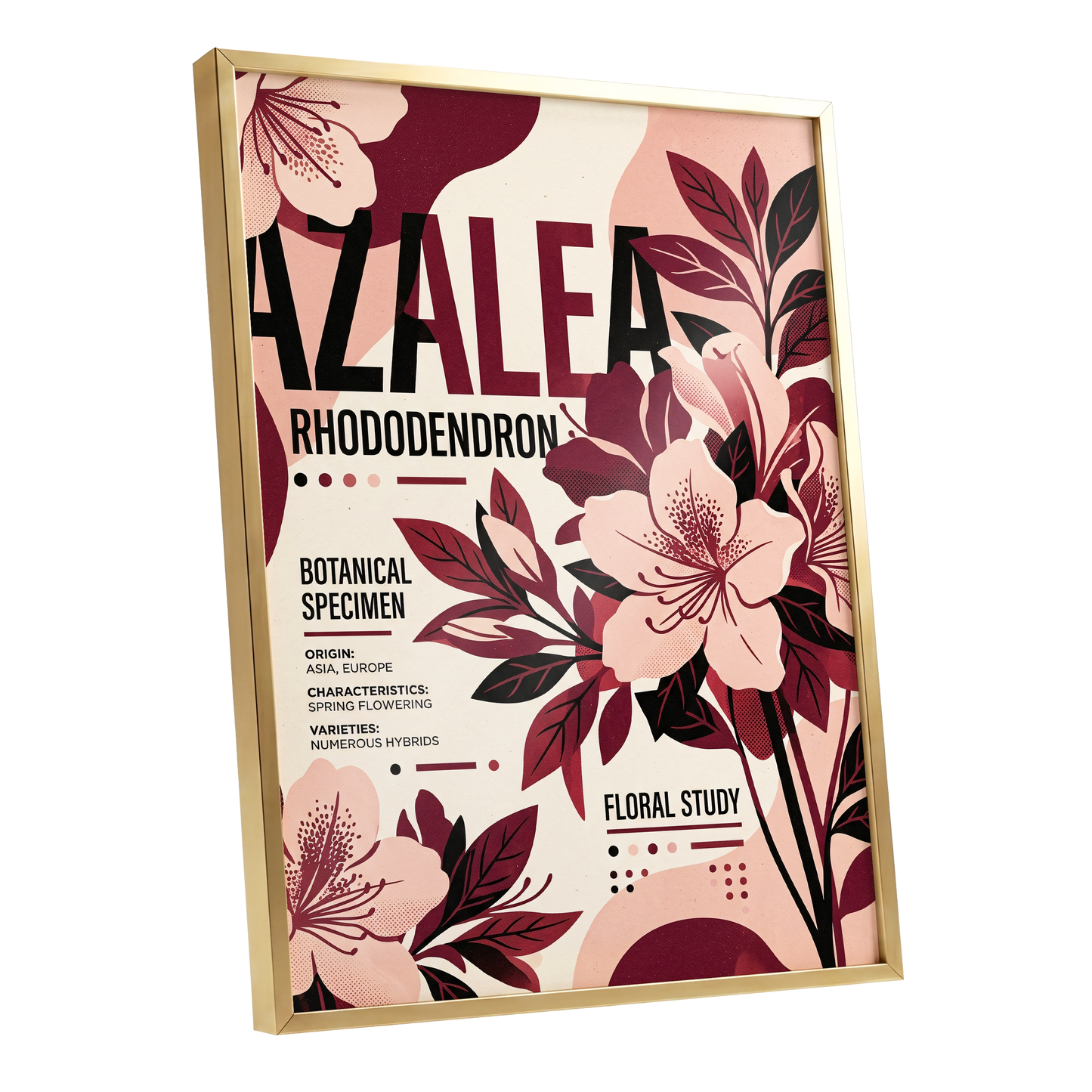 Azalea Archive, pink, red, beige floral wall art shown as a gold framed poster wall art print