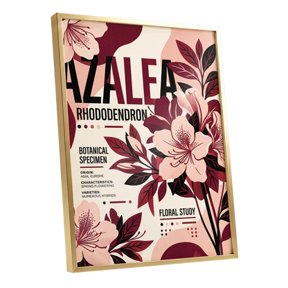 Azalea Archive, pink, red, beige floral wall art shown as a gold framed poster wall art print