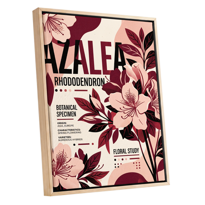 Azalea Archive, pink, red, beige floral wall art shown as a oak framed canvas wall art