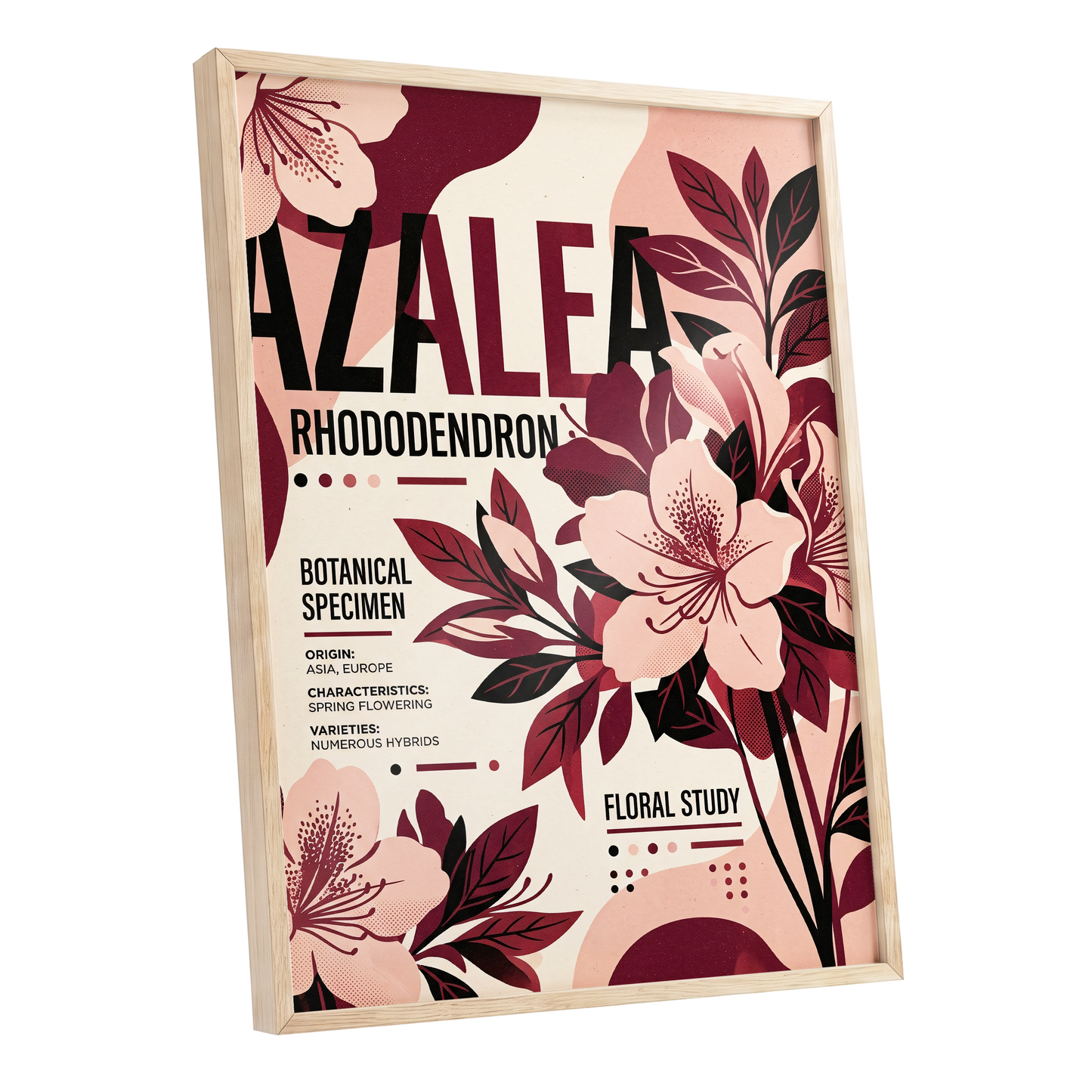 Azalea Archive, pink, red, beige floral wall art shown as a oak framed poster wall art print