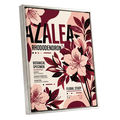 Azalea Archive, pink, red, beige floral wall art shown as a silver framed canvas wall art