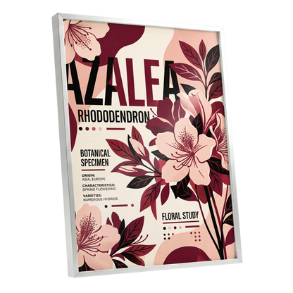 Azalea Archive, pink, red, beige floral wall art shown as a silver framed poster wall art print