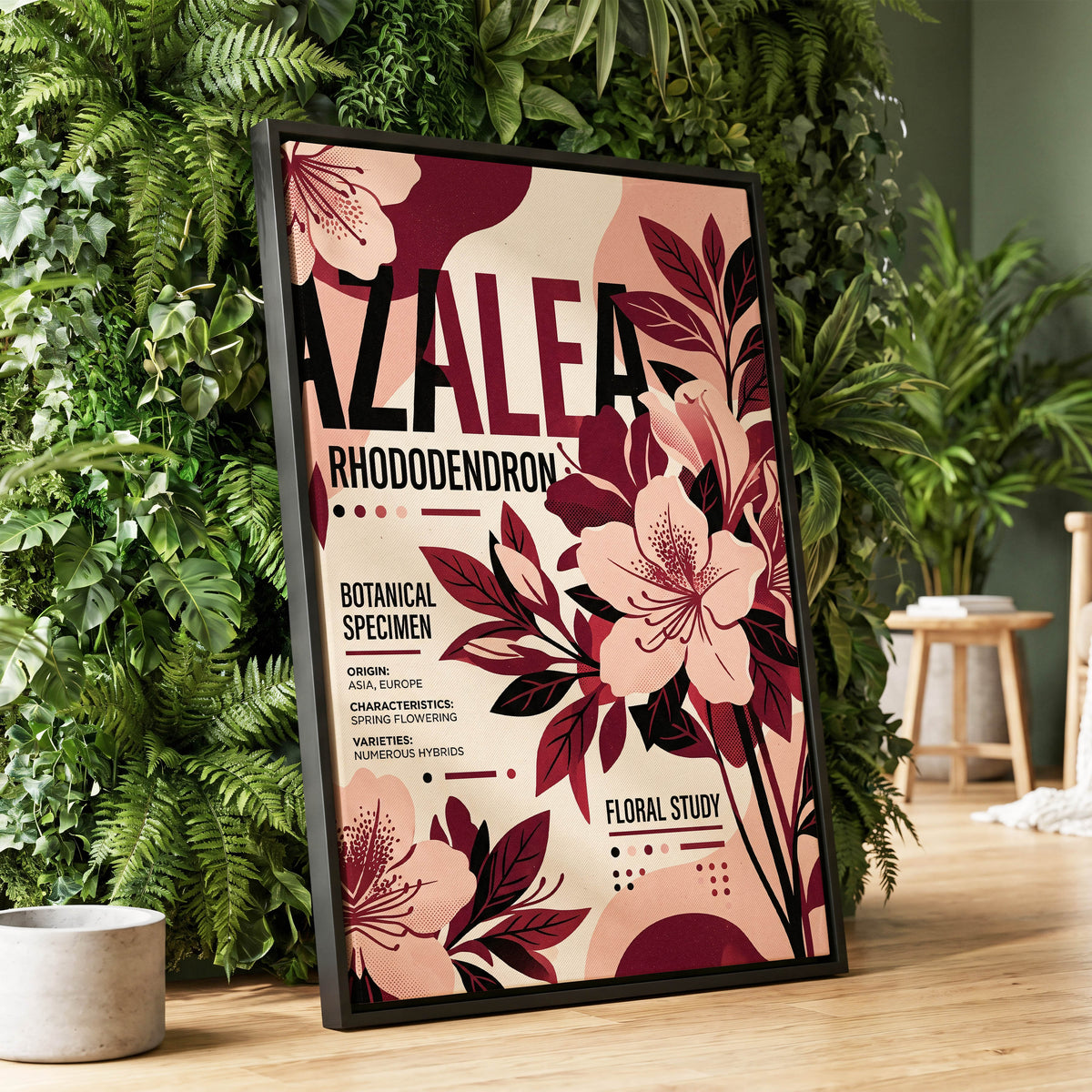 Azalea Archive, pink, red, beige floral wall art displayed in a styled interior, gallery view 1