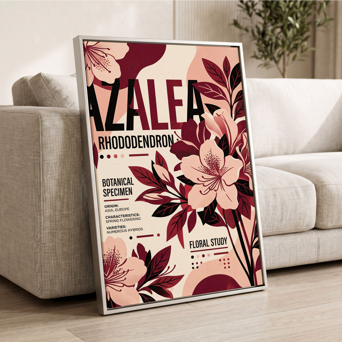 Azalea Archive, pink, red, beige floral wall art displayed in a styled interior, gallery view 2