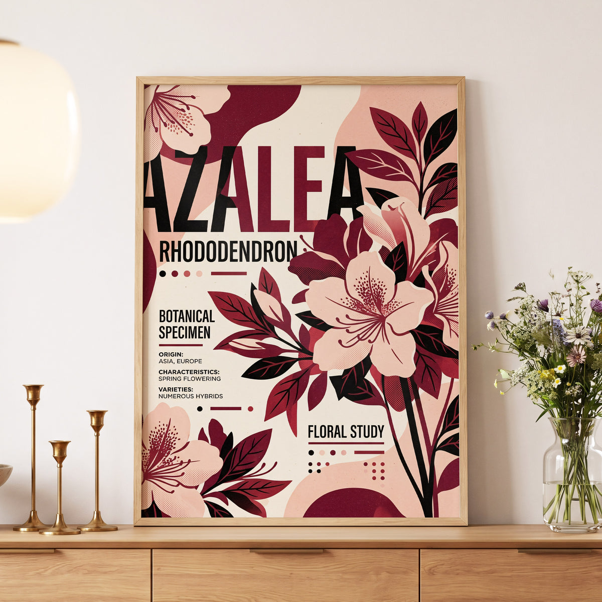 Azalea Archive, pink, red, beige floral wall art displayed in a styled interior, gallery view 5