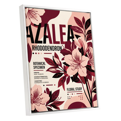 Azalea Archive, pink, red, beige floral wall art shown as a white framed canvas wall art