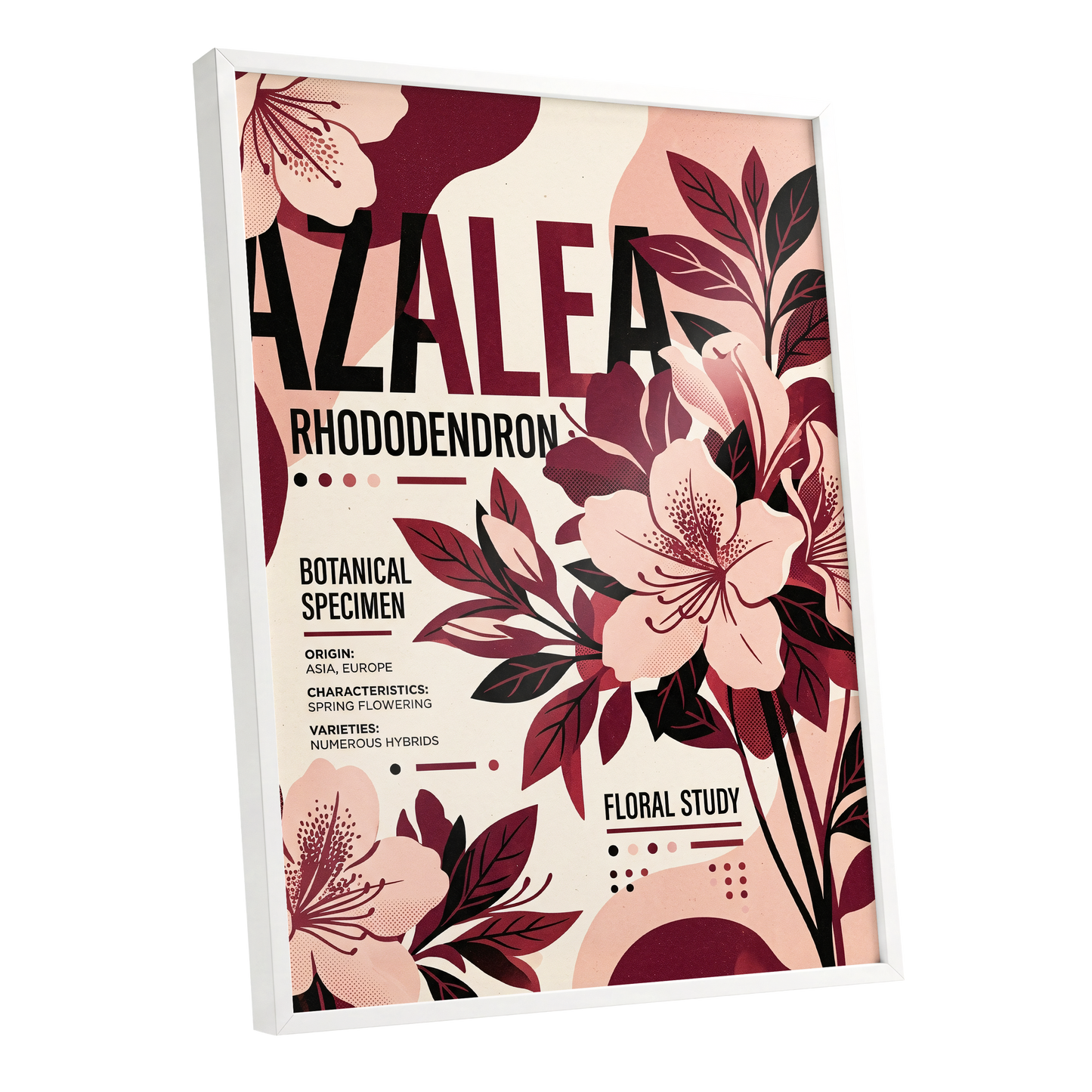 Azalea Archive, pink, red, beige floral wall art shown as a white framed poster wall art print