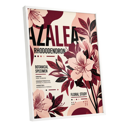 Azalea Archive, pink, red, beige floral wall art shown as a white framed poster wall art print