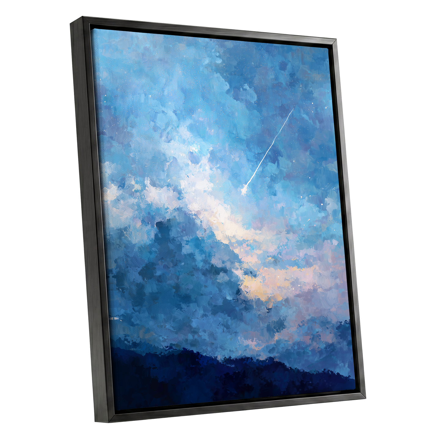 Azure Afterglow, blue, white, beige abstract wall art shown as a black framed canvas wall art