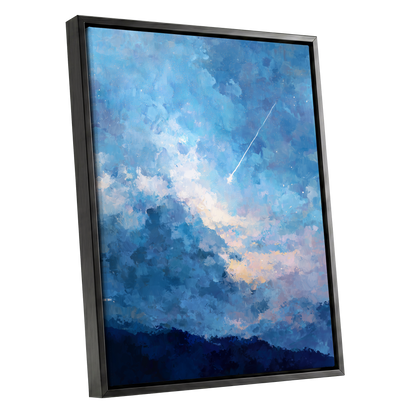 Azure Afterglow, blue, white, beige abstract wall art shown as a black framed canvas wall art