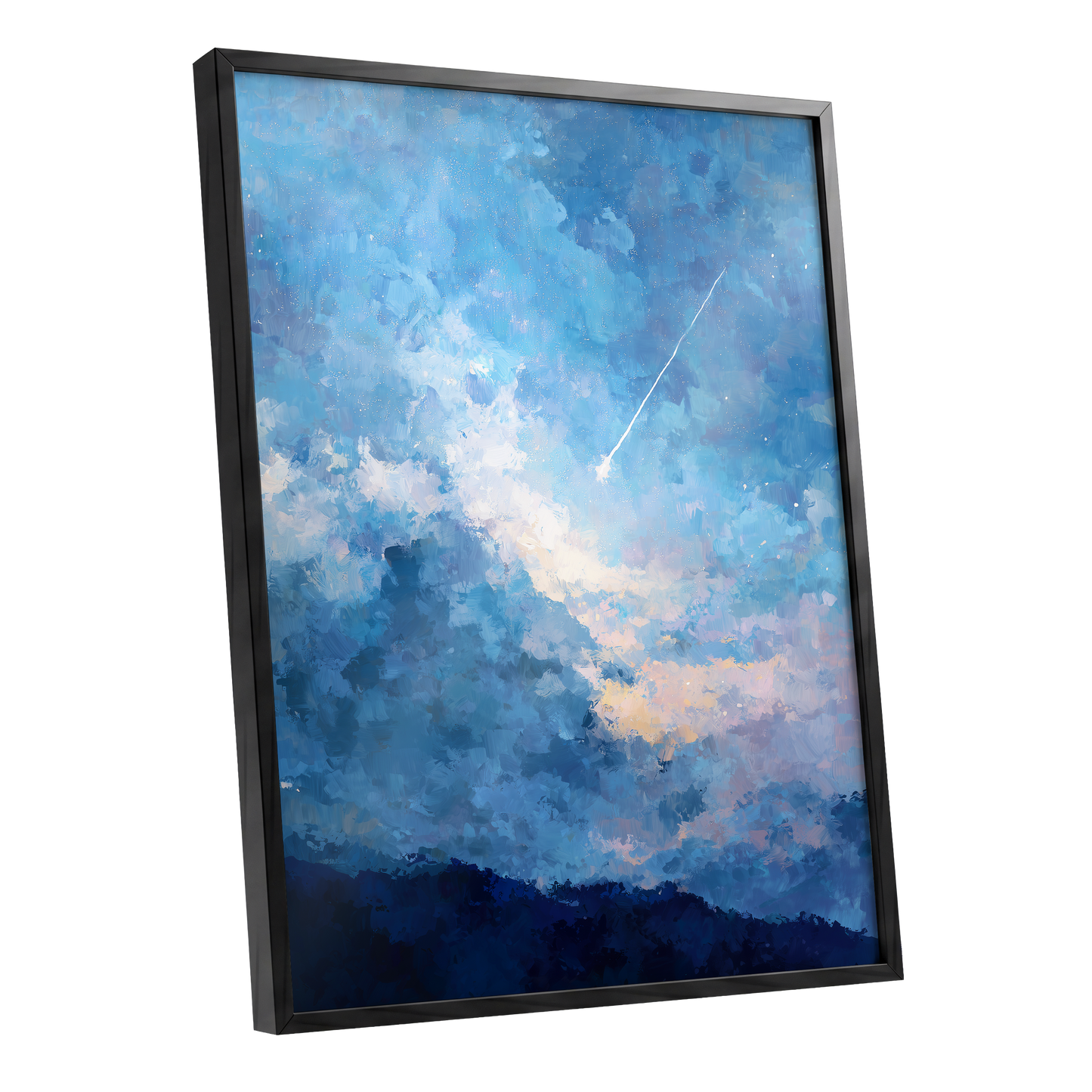 Azure Afterglow, blue, white, beige abstract wall art shown as a black framed poster wall art print