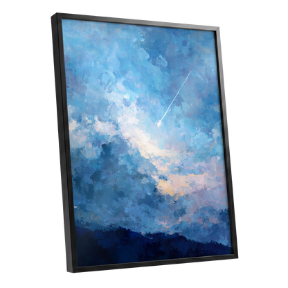 Azure Afterglow, blue, white, beige abstract wall art shown as a black framed poster wall art print