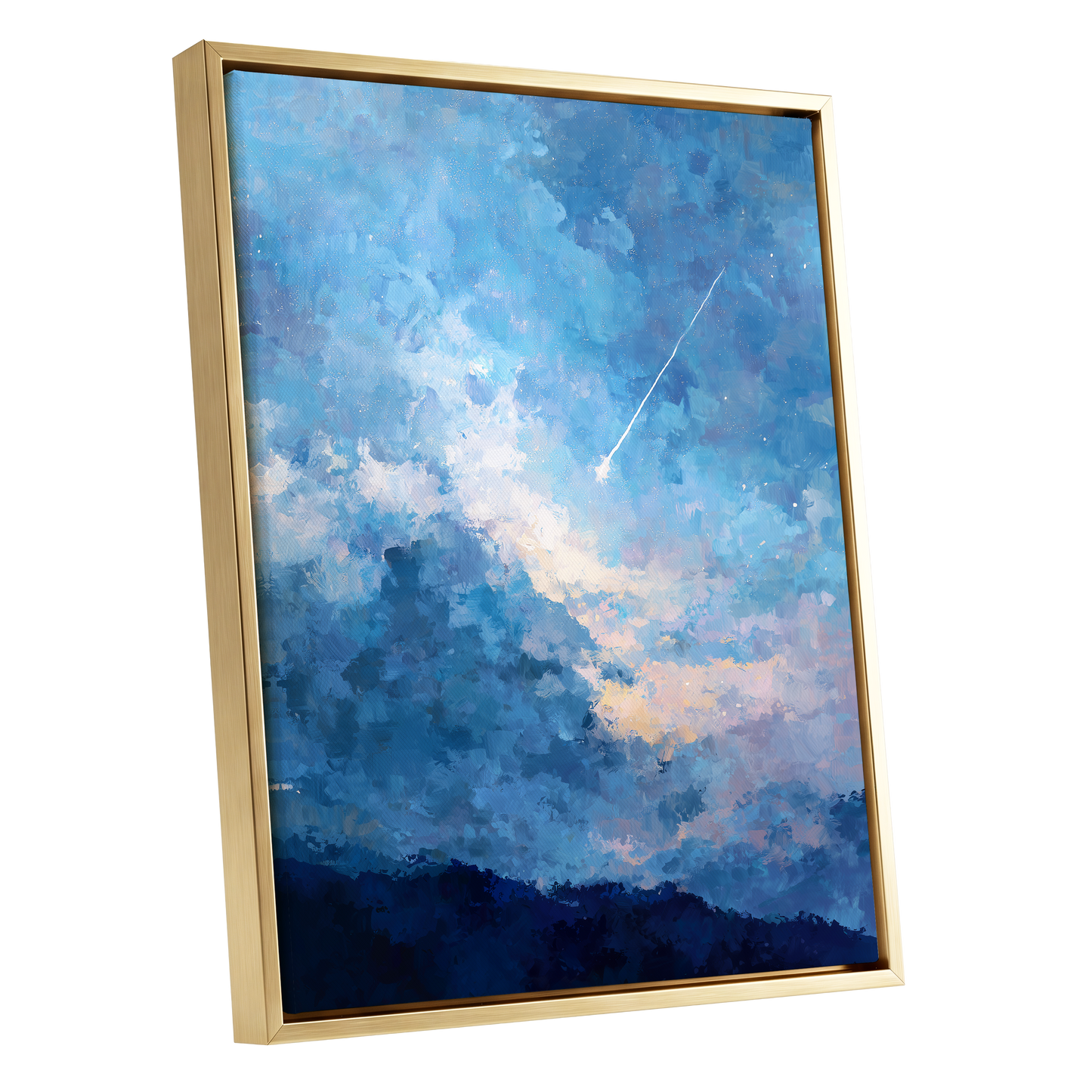 Azure Afterglow, blue, white, beige abstract wall art shown as a gold framed canvas wall art