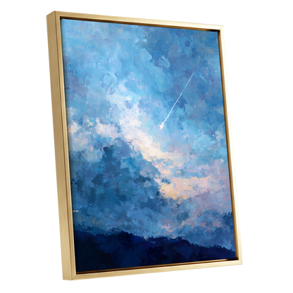 Azure Afterglow, blue, white, beige abstract wall art shown as a gold framed canvas wall art
