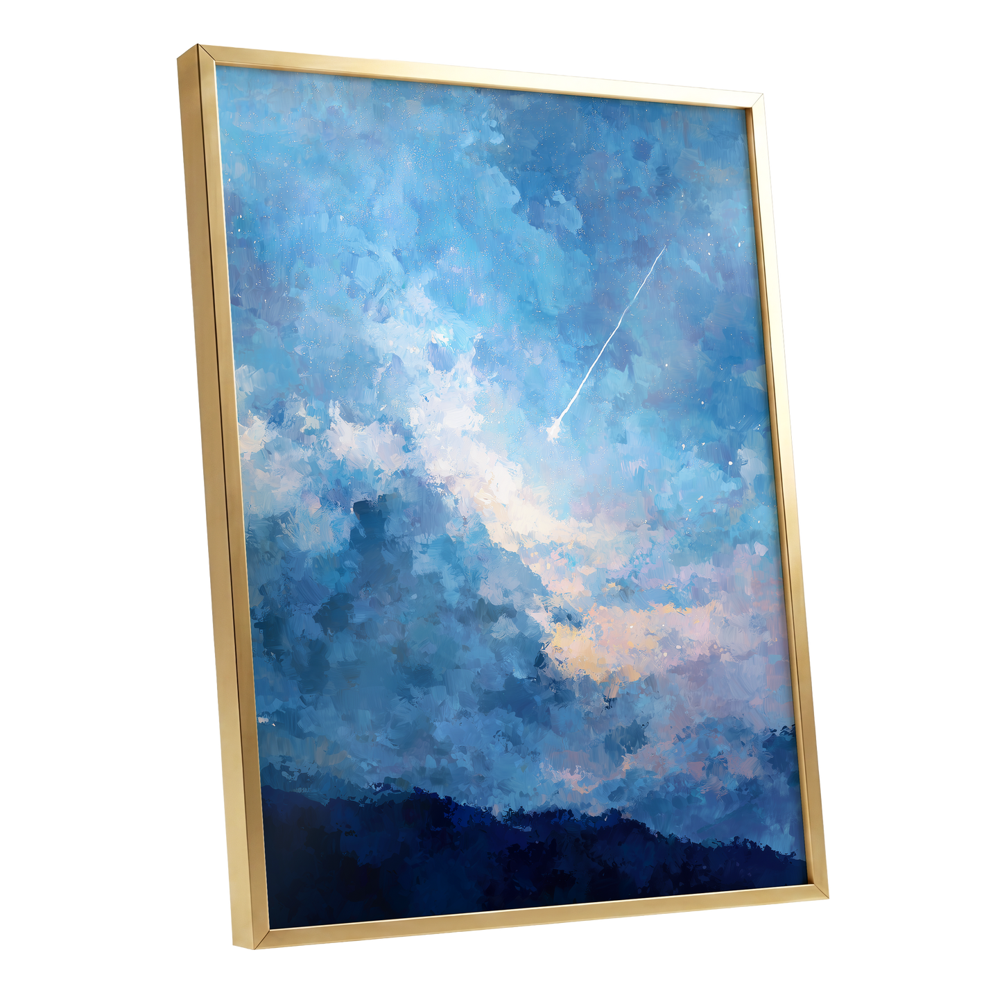 Azure Afterglow, blue, white, beige abstract wall art shown as a gold framed poster wall art print